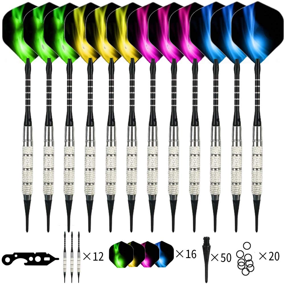 Mocoli Darts with Plastic Tip, Darts Soft Set for Electronic Dartboard 12 Pieces Darts Plastic 18 g Aluminium Shaft 50 Dart Tips 20 Rubber Rings and Tool