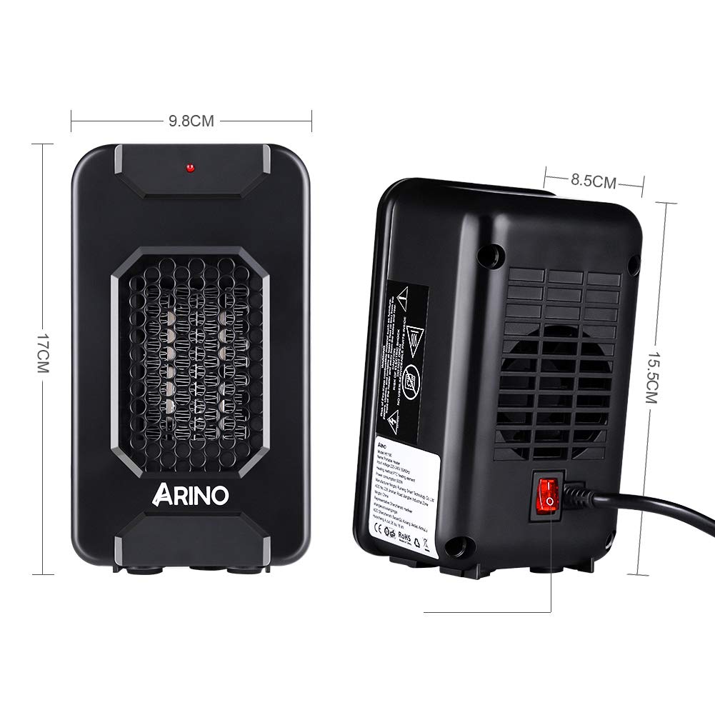 ARINO Stufa Elettriche Mini Riscaldatore Portatile Termoventilatore Riscaldamento Elettrico a Ventilatore a Basso Consumo 500W per Scrivania Ufficio Casa con Protezione da Surriscaldamento Colore Nero