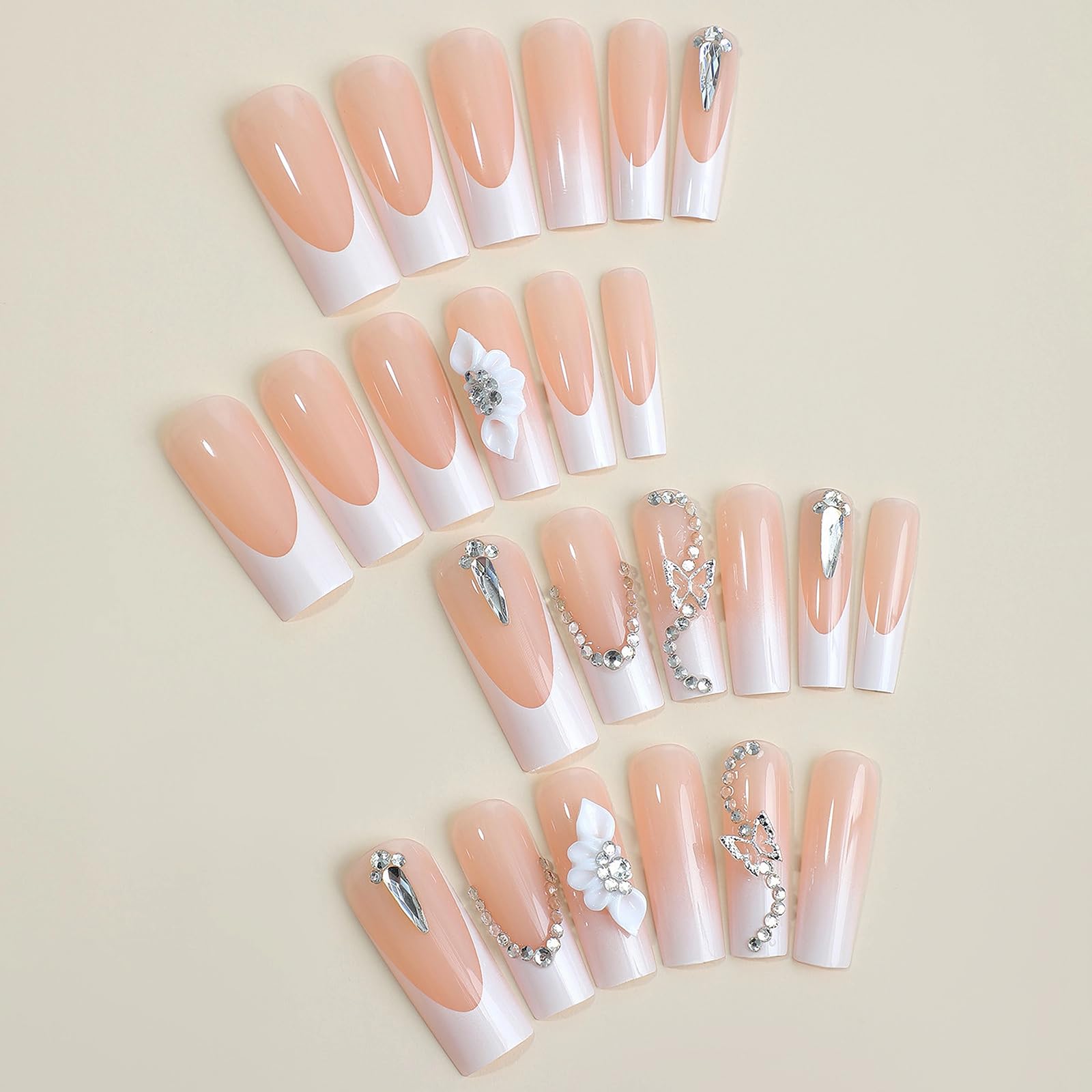 MISUD Long Square Press on Nails Squoval Fake Nails Glossy Glue on Nails White French Tip Acrylic Nails Wedding Artificial Nails Flower Buterfly Rhinestone Stick on False Nails with Design 24 pcs - Image 4