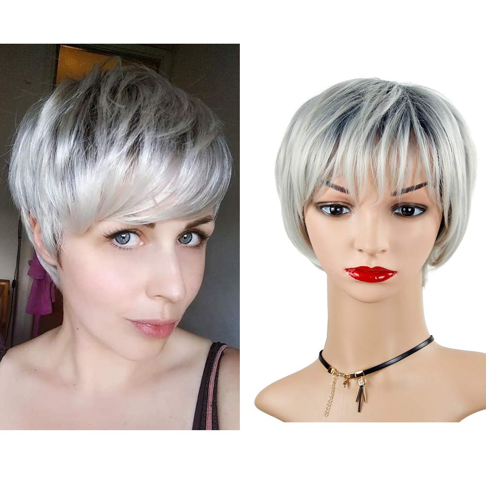 Short Wigs With Bangs For Women Grey Black Roots Pixie Cut Synthetic Straight Hair Wig Party And Cosplay Wigs Heat Resistant Fiber Grey