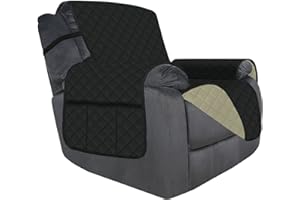 Deeky Recliner Chair Covers for Large Recliner, Reclining Chair Cover Slipcovers, Couch Sofa Covers for Dogs Pets Reversible Water Resistant Furniture Covers with Elastic Straps, Black/Beige