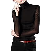 Women's Turtleneck Top Long Sleeve Slim Fit Shirts Mesh Sheer See Through Casual Top
