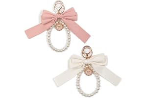 HONYJOOM 2pcs Bow Keychain, Cute Keychain, Wristlet Keychain, Ribbon Keychain Pearl Bag Charm for Purse Handbags Backpack