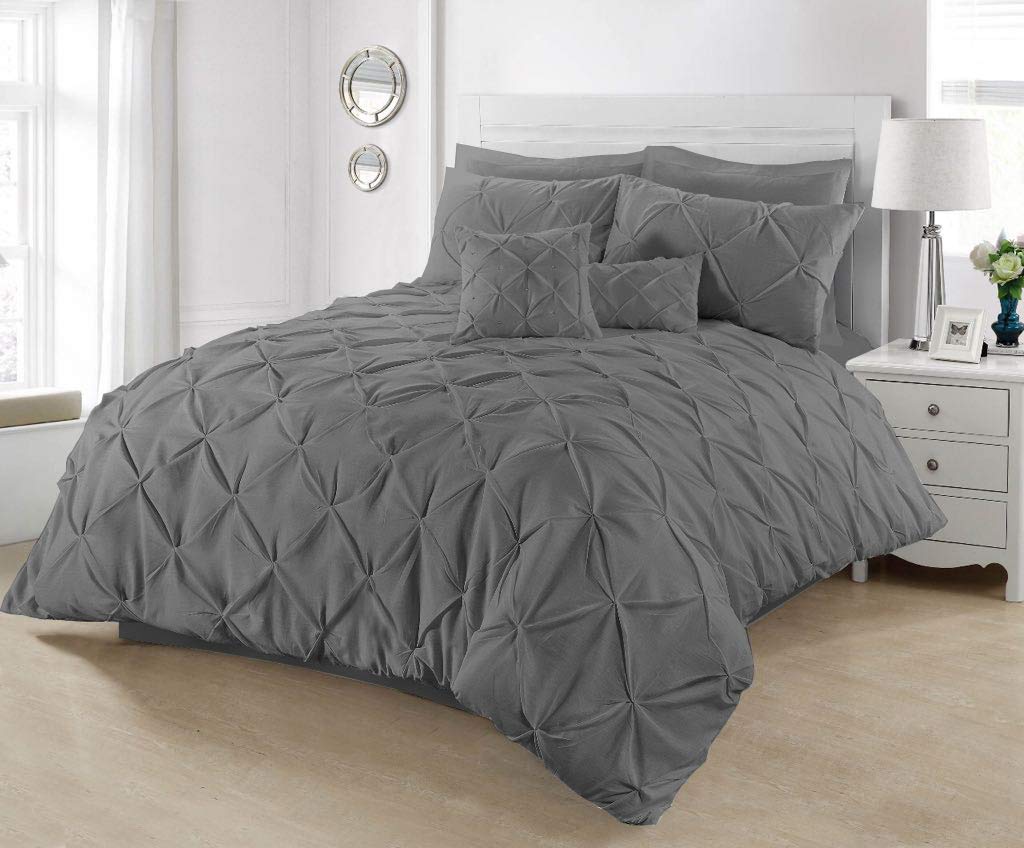 SeventhStitch Pintuck Duvet Cover with Pillowcases Luxury 100% Percale Cotton Quilt Bedding Covers Single Double King Super King Size Bed Sets (Single, Charcoal Grey)