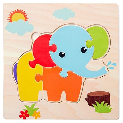 Leoie Baby Toys Wooden Puzzle Cute Cartoon Animal Intelligence Kids Educational Brain Teaser Tangram Children Jigsaw Gifts Elephant