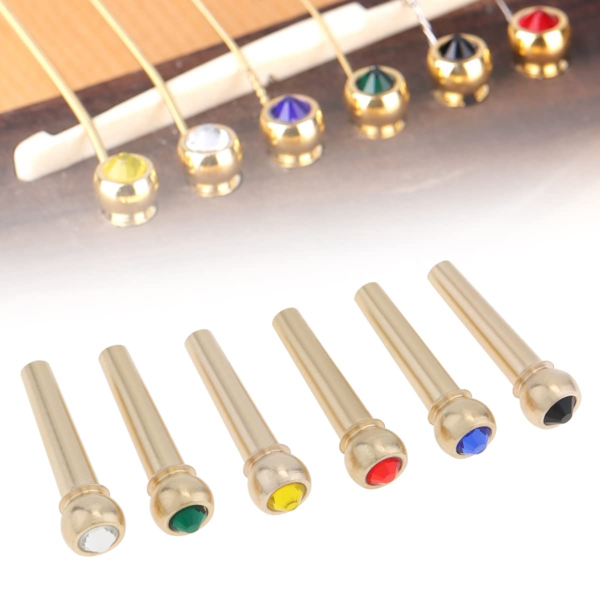MuzcYM Guitar Bridge Pins 6pcs Pure Copper Brass Colorful Crystal Head Bridge Pins for Folk Acoustic Guitar