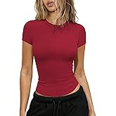 Hragc Womens Crew Neck Ribbed Skim Short Sleeve Fitted T Shirts Casual Basic Tight Tees Stretchy Tops for Women