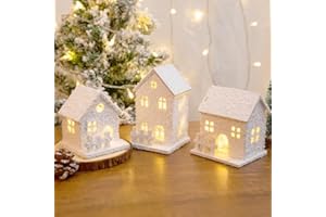 JOYWU Lighted Wooden Snow Village Houses,3 Pack Christmas Village Houses with Snow and Led,4.7 In Winter Village Accessories 