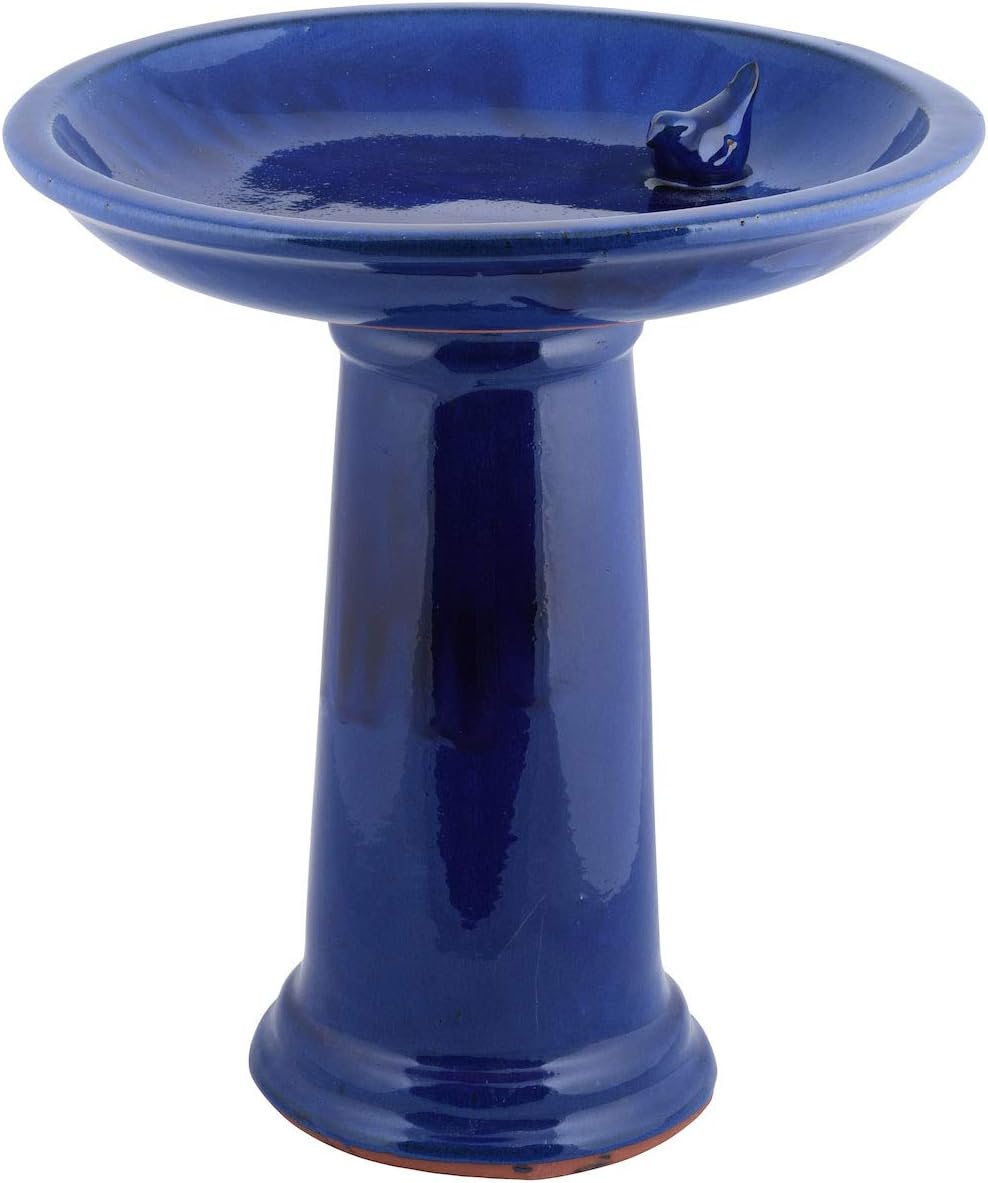 Fallen Fruits Ltd CERAMIC BIRD BATH ON PEDESTAL BLUE Amazon.co.uk