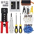 LEATBUY RJ45 Crimp Tool Set for Crimper Kit CAT5/CAT6 Ethernet Crimping Tool for Pass Through 50PCS Connectors, 50PCS Covers Network Wire LAN Cable Tester Stripper Punch Down Cutter(Rose Red)