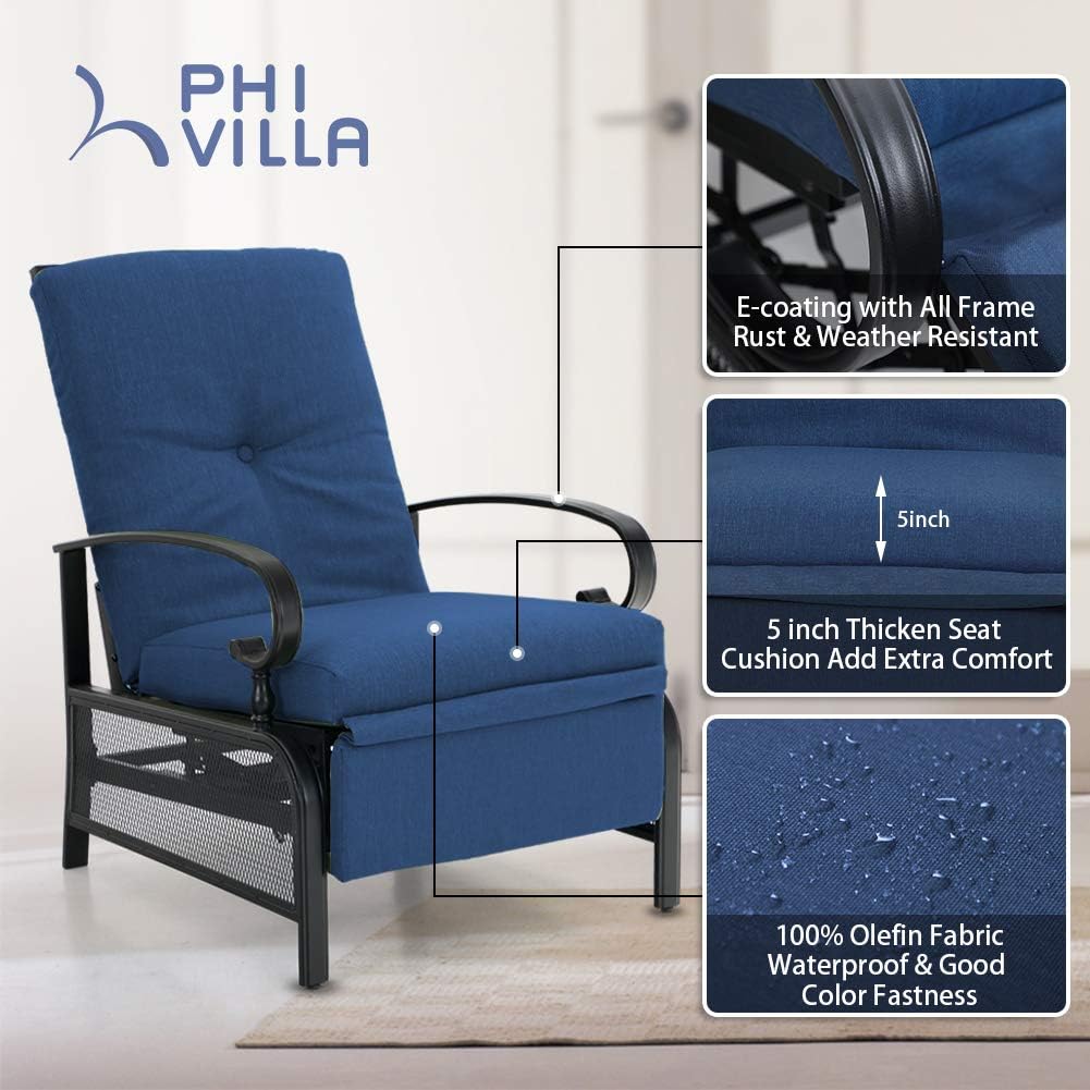 PHI VILLA Patio Adjustable Lounge Chairs Outdoor Metal Relaxing Recliner Sofa Chair with 5" Removable Cushions, Blue: Kitchen & Dining