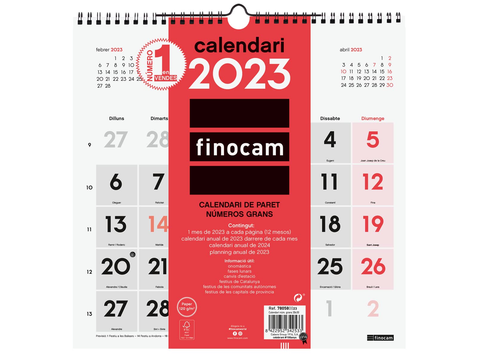 Finocam - Calendar 2023 Neutral Wall Large Numbers January 2023 - December 2023 (12 months) Catalan
