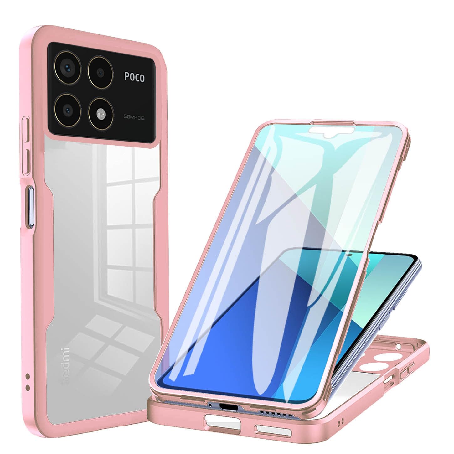ILING Trasparente Case for Xiaomi POCO F6 Pro 5G, 360° Full Body Protection Shockproof Cover with Built-in Screen Protector, Ultra Thin Hard PC Silicone TPU Bumper Case (Pink)