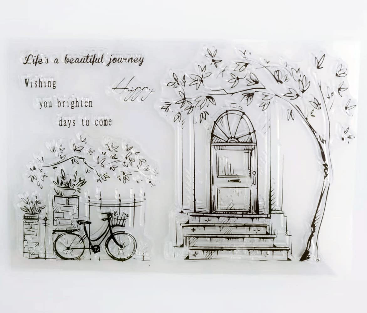 WooYangFun Life is a beaufiful Journey Bicycle Flower Door Window Rubber Clear Stamp for Card Making Decoration and Scrapbooking 11x16cm