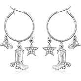 Fire Bettle Western Cowgirl Boot Hat Earrings for Women, Cute Country Western Star Boots Hat Hoop Dangle Earrings, Boho Gold Plate Statement Earrings Jewelry Gifts for Women Girls
