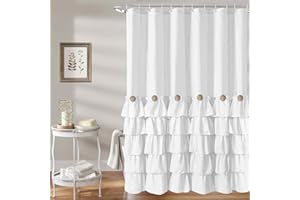 Seasonwood White Ruffle Shower Curtain Farmhouse Shower Curtain 72 X 72inch Vintage Shower Curtains with Buttons & White Ruffles for Bathroom Bathtubs Decor Accessory