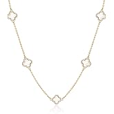 COBI Dainty 4 Leaf Clover Necklace,18K Gold Plated Mother of Pearl & Cubic Zirconia, 16" Chain with 2" Extender, Available in Single Pendant or Multi Station Styles