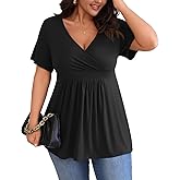 POSESHE Womens Plus Size Tops 2025 Summer Short Sleeves Tunic Tops Casual V-Neck Wrap Shirts Cute Dressy Work Blouses L-4XL