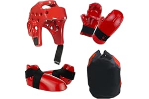FANGJIE Martial Arts Karate Protective Sparring Gear Package Deal/Gift（4 Colors）- Adjustable Adults & Kids Headgear, Gloves & Kicks for MMA, Taekwondo, Boxing Training（Gift a Martial Arts backbag）
