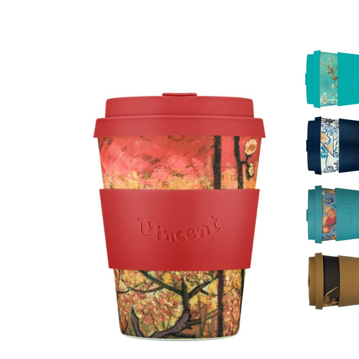 Ecoffee Cup 12oz 350ml Van Gogh Collection Reusable Eco-Friendly 100% Plant Based Coffee Cup with Silicone Lid & Sleeve - Melamine Free, Dishwasher/Microwave Safe Travel Mug, Plum Orchard