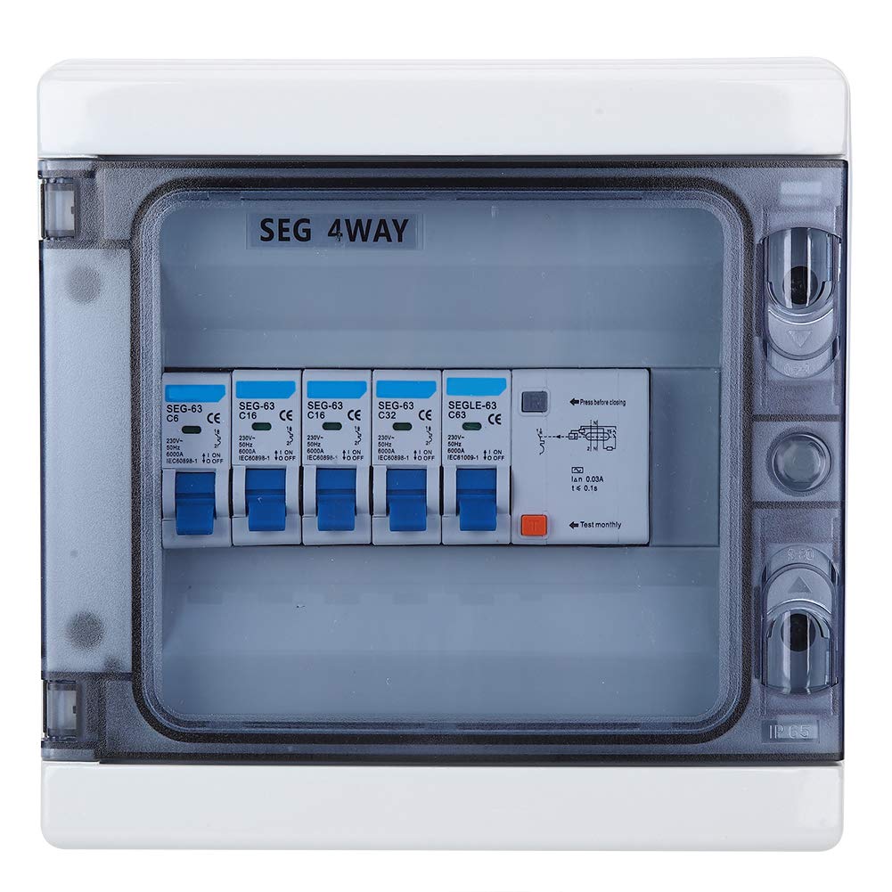 4 Way Mini Consumer Unit Circuit Breaker Panel, IP65 Protection Plastic Leakage Circuit Breaker, Circuit Breaker Box Board 63A 30mA RCD 4MCB 6A+2 x16A+32A