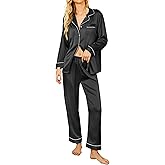Ekouaer Satin Pajama Sets Womens Long Sleeve Sleepwear Silk Soft Button Down Loungewear Pjs Set S-XXL