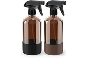 Bontip Glass Spray Bottle with Silicone Sleeve Protection, Amber Glass Spray Bottle Set for Window Cleaner Aromatherapy Facial Hydration Watering Flowers Hair Care 2 Pack/16 oz (Black & Brown)
