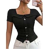 OYOANGLE Women's Square Neck Short Sleeve T Shirt Elegant Bow Ribbed Knit Fitted Summer Top