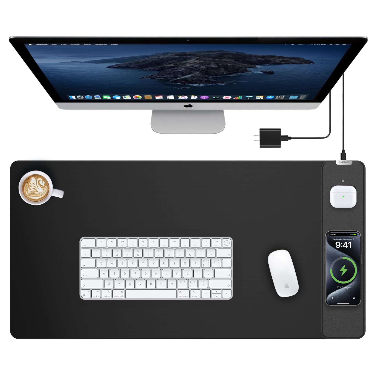 Photo 1 of TopMade Mouse Pad with 15W Wireless Charging, Waterproof Gaming Mousepad with Ultra-Smooth Surface, Non-Slip Base, 31.5"x15.75" XXL Large Desk Pad (Includes 20W PD Power Adapter & 6.56ft Woven Cable)