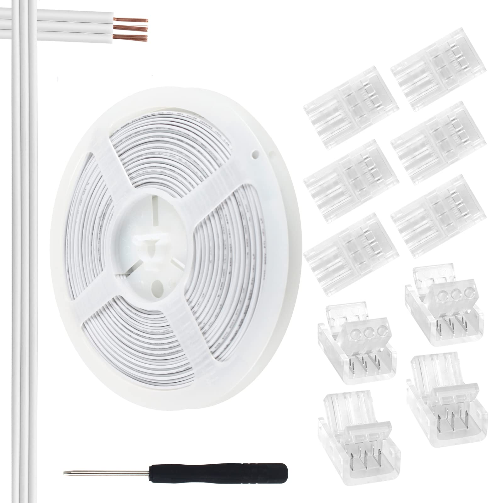 Aroidful 32.8ft 3Pin LED Strip Light Extension Cable Wire and 10Pcs 3 Pin LED Strip Connectors Strip to Wire Connection for 10mm Wide Waterproof or Bare Panel 2812-2811-6803-1903 LED Strip Light