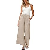 Athlisan Women's Summer Cotton Linen Palazzo Pants Wide Leg Lounge Trousers with Pockets(Khaki-M)