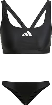 Mujer 3 Stripes V-Back Bikini Swimwear, Black/White, 32