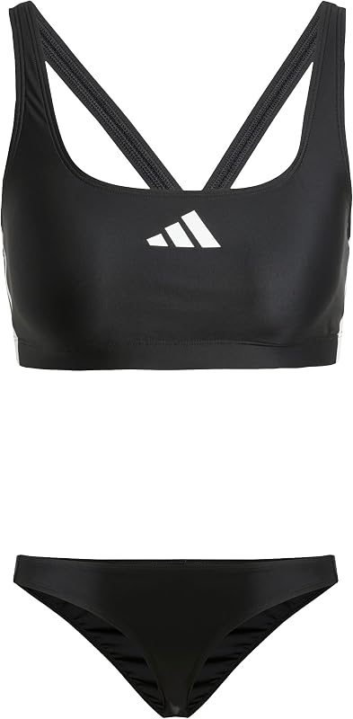 Mujer 3 Stripes V-Back Bikini Swimwear, Black/White, 32