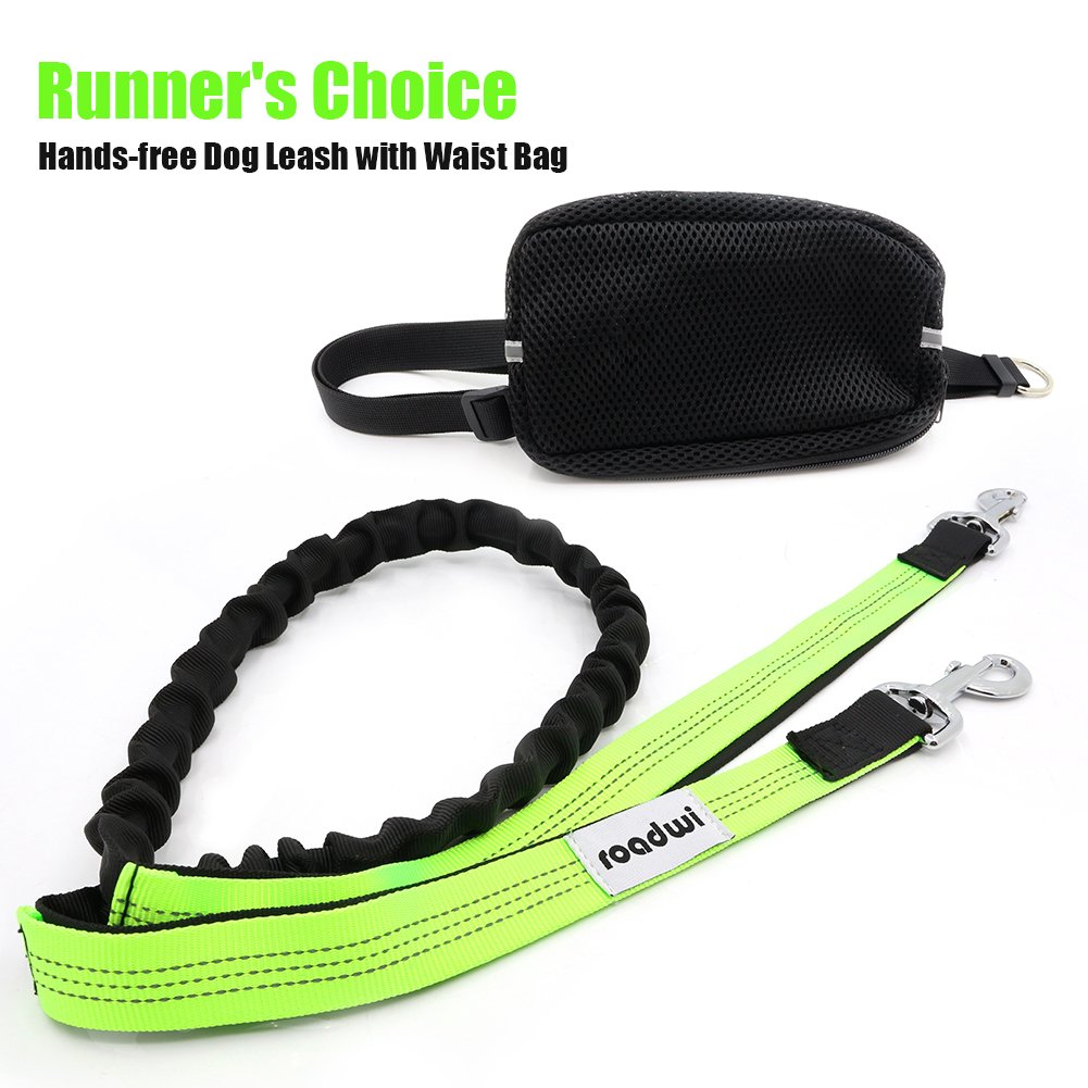 Roadwi Hands Free Dog Leash, Dual Handle Bungee Leash for Shock Absorbing, Adjustable Waist Belt with Storage Bag for Running, Hiking, Jogging or Walking (Green)