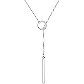 Cosol Silver Long Lariat Necklace, 925 Sterling Silver Pendant, Circle Vertical Bar Necklace, Adjustable Y Necklace
