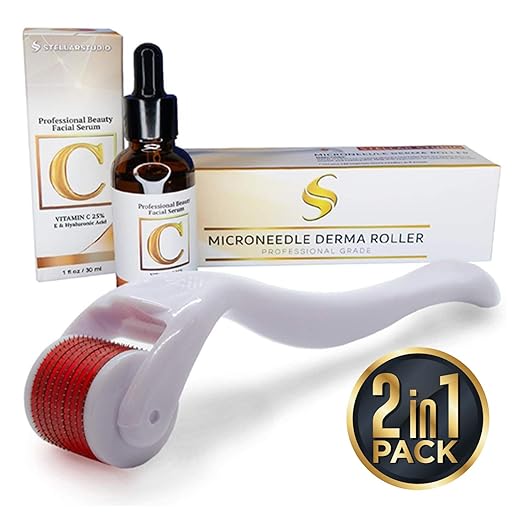 Derma Roller Cosmetic Micro Needle Instrument Kit For Face With FREE Vitamin C Serum 25% Hyaluronic Acid, .25mm 540 Titanium Microneedling Facial Kit - Also Includes Free Storage Case