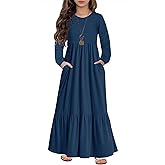 HOSIKA Girls Maxi Dress Lantern Long Sleeve Loose Flowy Tiered Casual Holiday Dresses with Pockets for 6-12 Y