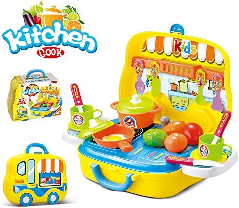 Play Kitchen Set Pretend Food Cooking Toys For Toddler - with Toy Car Carrying Case - 25 Pieces Play Set for Children 3+