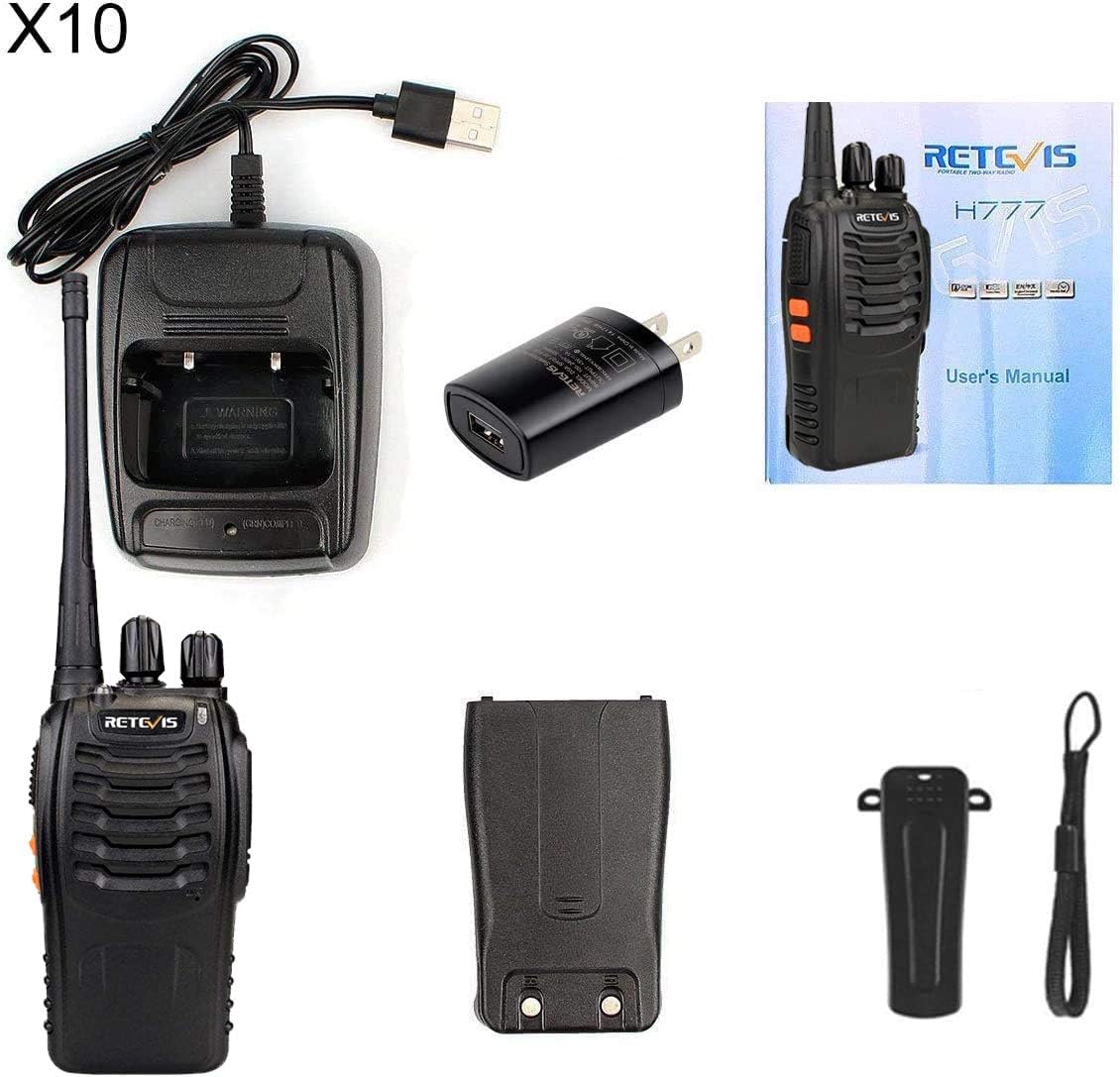 Retevis H-777 Two Way Radios Long Range Rechargeable,Hands Free Handheld Flashlight Walkie Talkies, Fast Charging USB Wall Adapter,Charger Base,Battery Included (Black, 10 Pack)