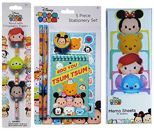 Disney Tsum Tsum Stationary Gift Kit - Bundle of 3 Back To School Items - Pencil with 3 Stackable Erasers, 5 Piece Stationary Kit, and Pack of 16 Memo Sheets