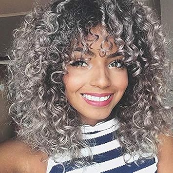 Amazon Com Newness Afro Curly Hair Black Gray Wigs With Bangs