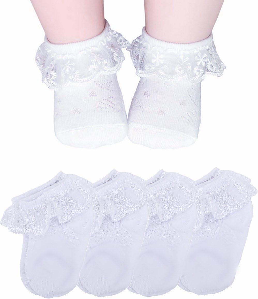 Baby Socks Girls, White Frilly Lace Dress Socks for Toddler Newborn 12-24 Months