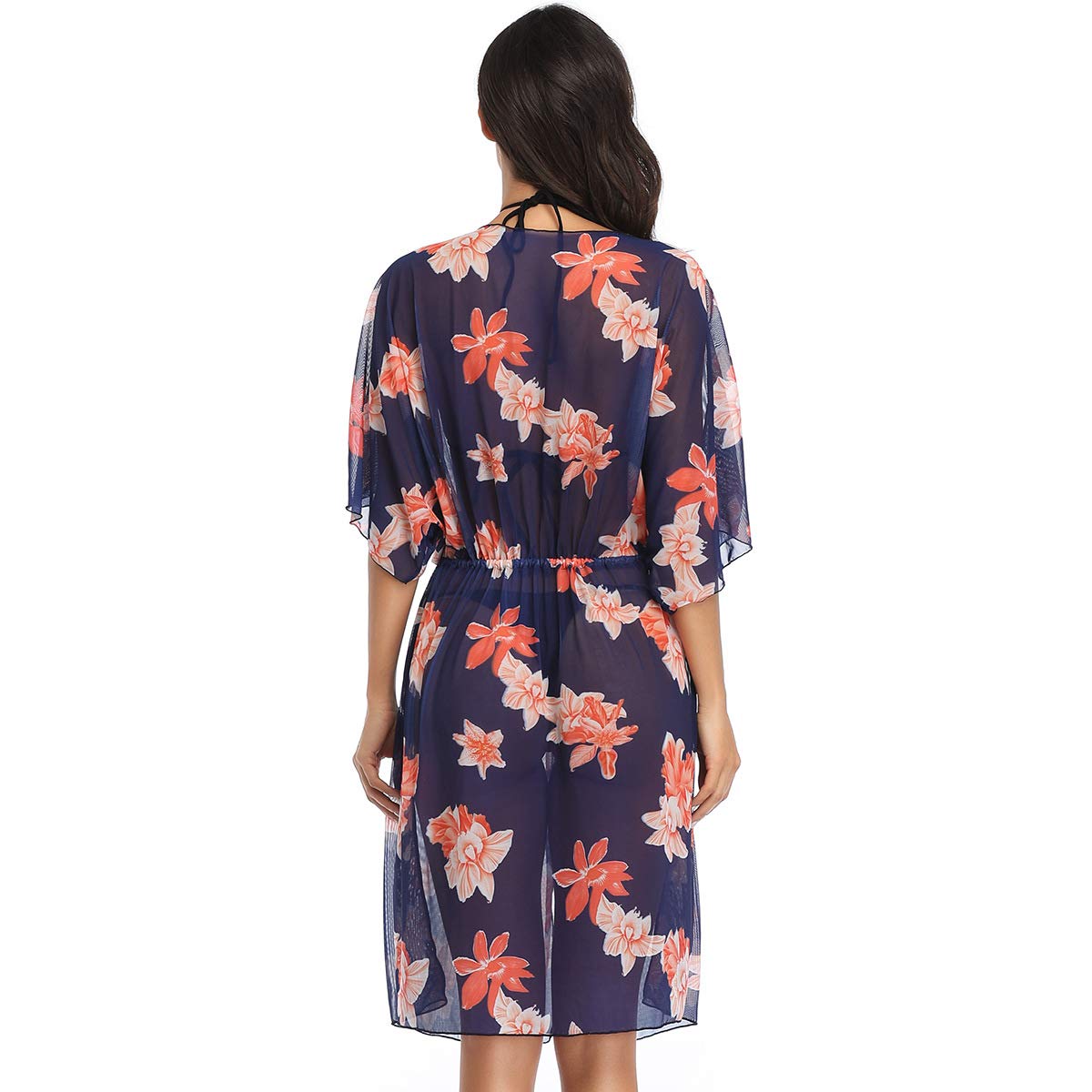 LLPUSLUO Women's Summer Printed Bathing Suit Kimono with Navy Blue