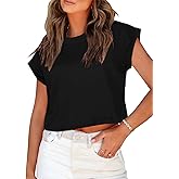Summer Short Sleeve Crop Tops Womens Crewneck Roll Cap Sleeve T Shirts Loose Fit Basic Tees