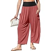 TARSE Womens Linen Wide Leg Pants Casual Loose Elastic Waist Beach Travel Vacation Palazzo Harem Pants with Pockets