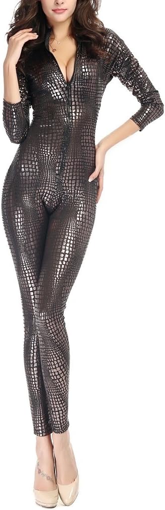 HGOOD Women's Sexy Faux Leather Snake Skin Catsuit Zipper PU Jumpsuits Cosplay Bodysuits
