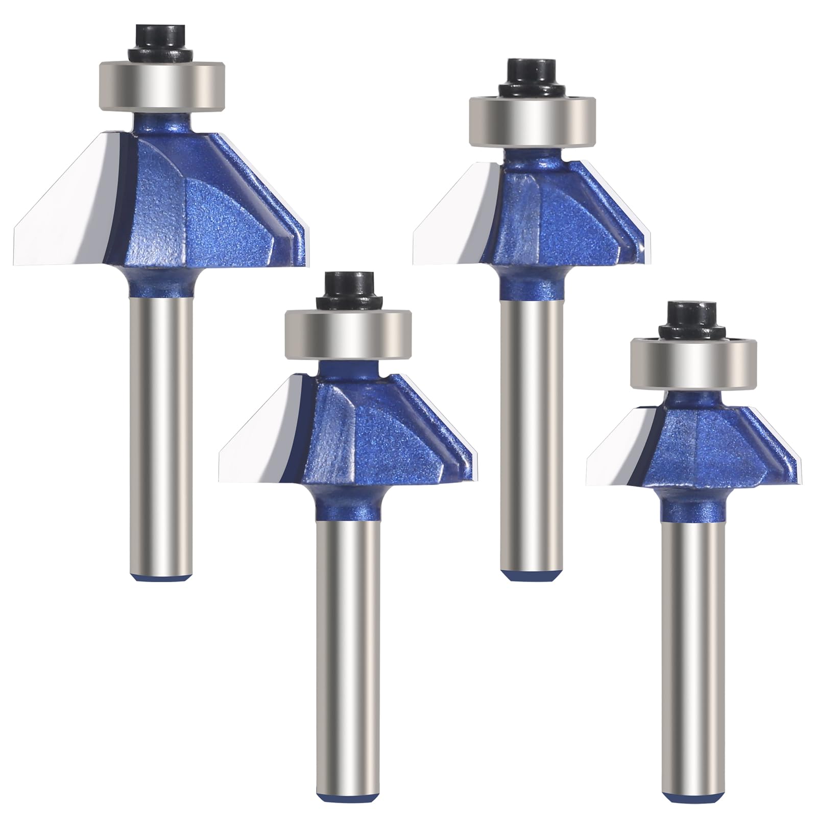 Vearter 4PCS 45 Degree Chamfer Router Bit Set, 6.35mm Shank Carbide Edge Bevel Forming Milling Cutter, DIYer Tool for Woodworking, Wood Profiling, Edging - Bevel Length 6.35mm, 8mm, 9.5mm, 12.7mm