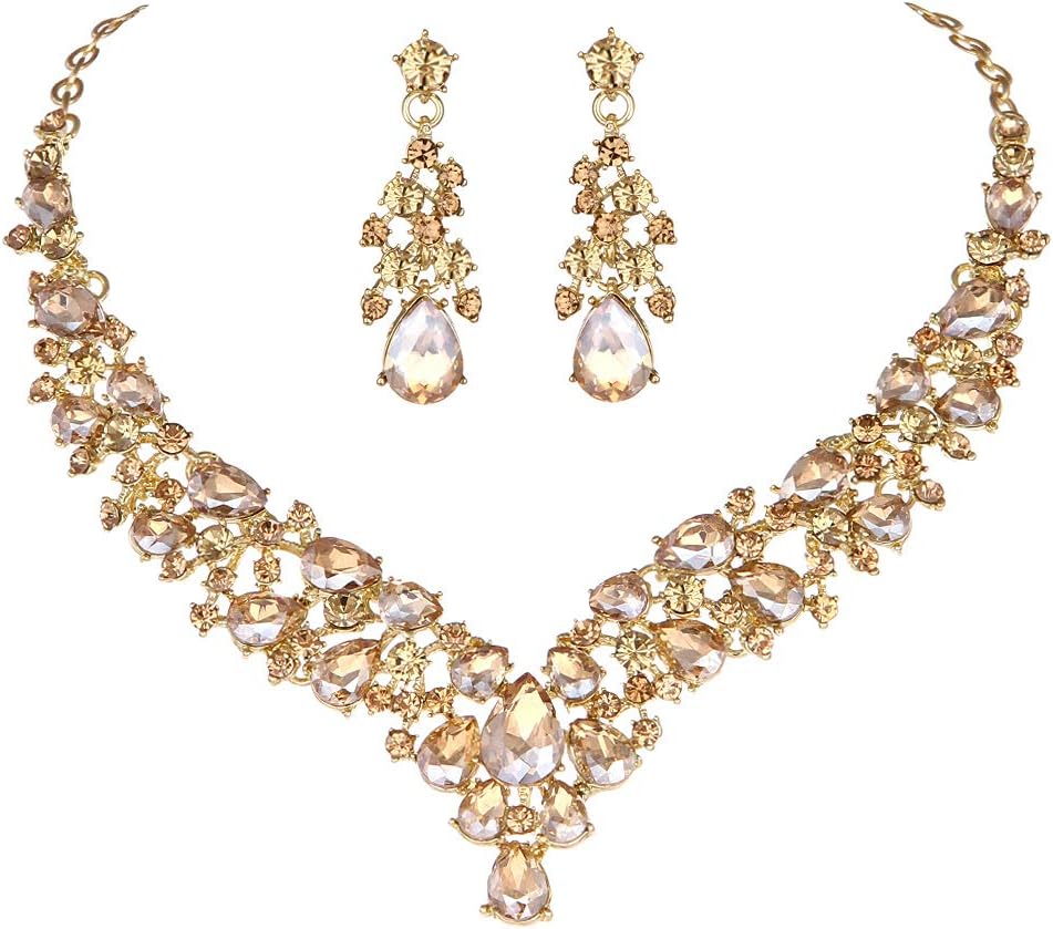 MolieAustrian Rhinestone Crystal Wedding Gown Prom Ball Necklace Earrings Jewelry Set for Brides Dress