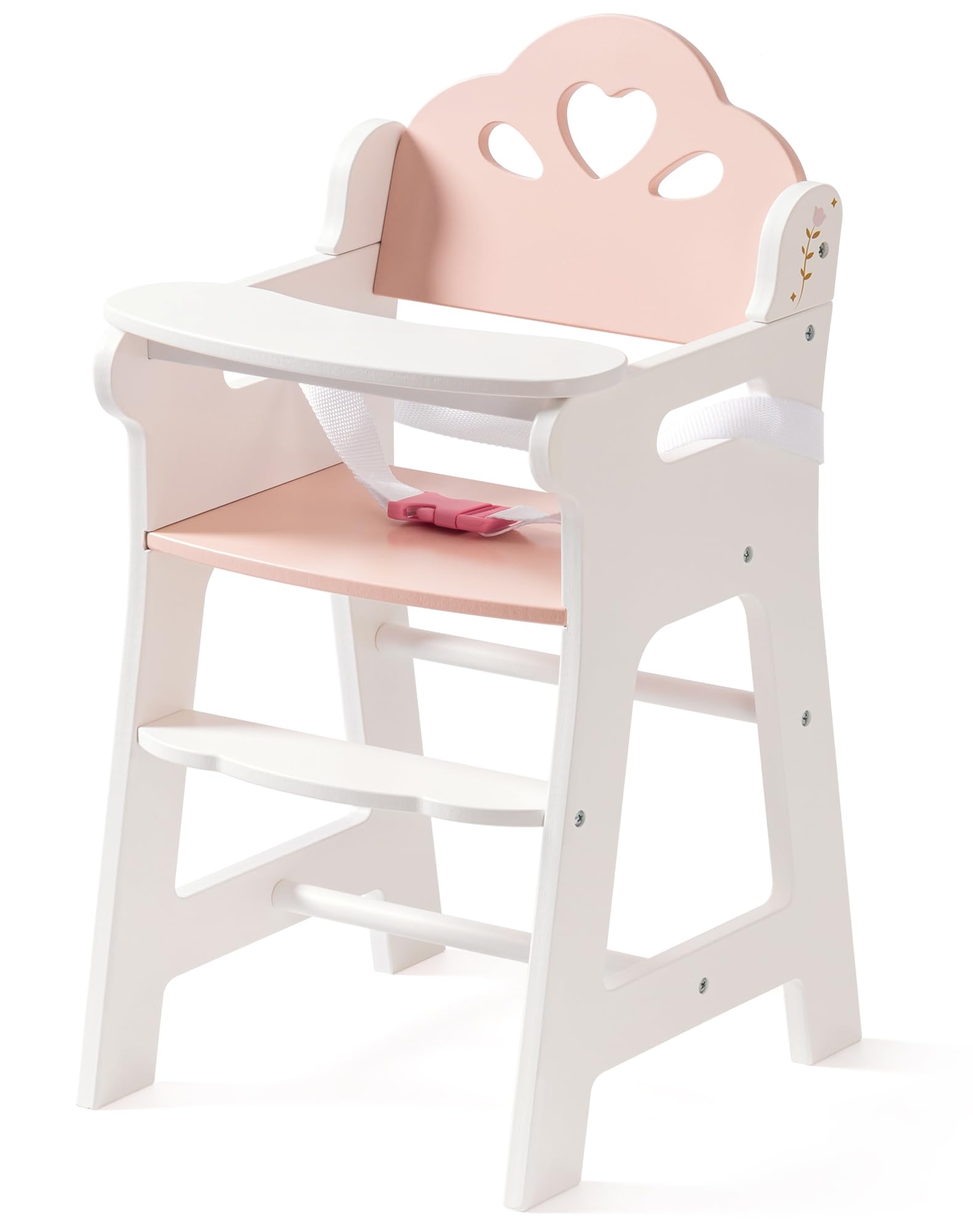 ROBOTIME Baby Doll High Chair, Pretend Play Wooden Dolls Furniture for Up to 18 Inch, with Safety Belt & Foodrest, Sturdy & Stylish Dolls Feeding Chair, Doll Accessory for Kids Aged 3+ (White)