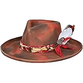 RUEDIGER Vintage Wide Brim Fedora Hats 100% Wool Stiff Felt Hat Rancher Hat with Lightning Logo Handmade Distressed/Burned